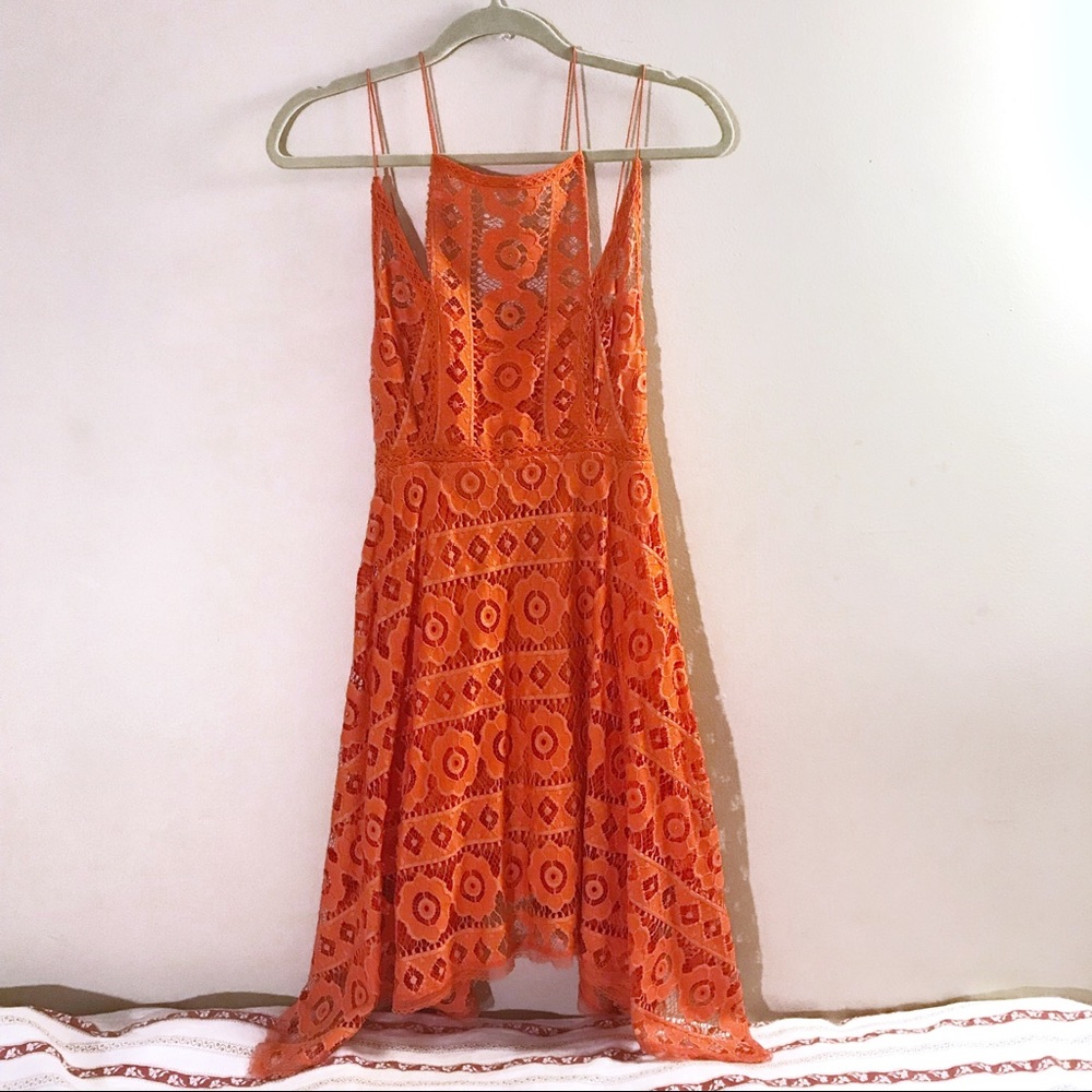 (Free People) Coral Floral Backless Lace Dress